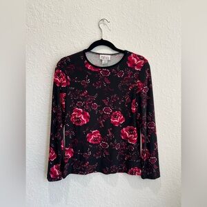 Style & Co. Collection Black and‎ Red Florals Long Sleeve Blouse Top Size Medium